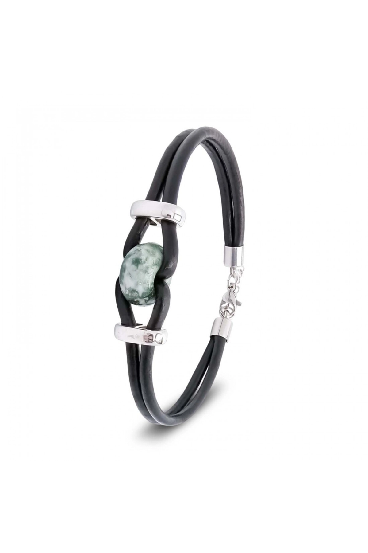 Yeşil Jasper Doğal Taşlı Deri Ve Çelik Bileklik-0