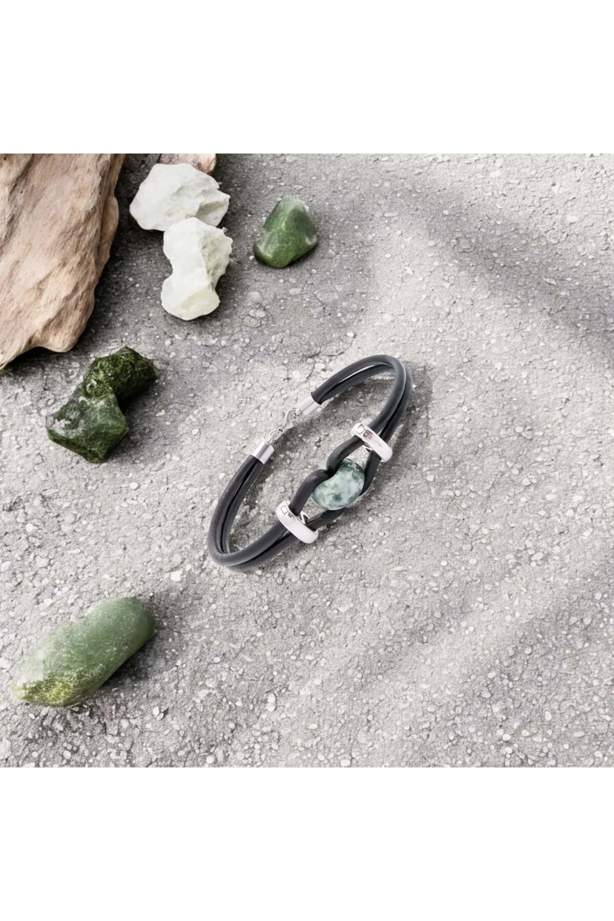 Yeşil Jasper Doğal Taşlı Deri Ve Çelik Bileklik-1