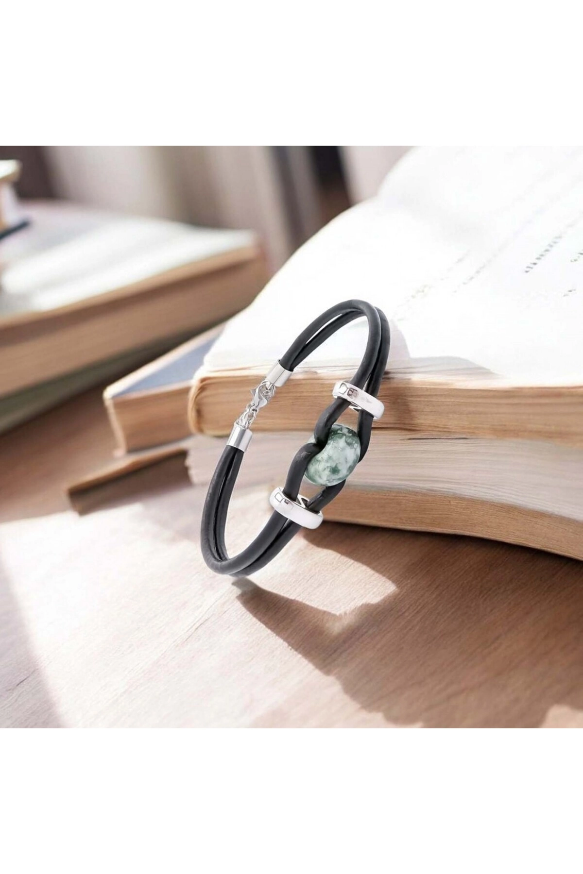 Yeşil Jasper Doğal Taşlı Deri Ve Çelik Bileklik-2