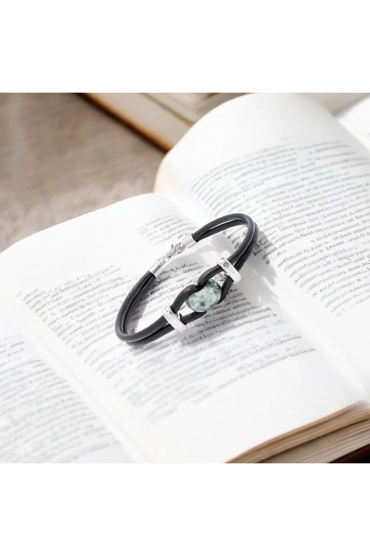 Yeşil Jasper Doğal Taşlı Deri Ve Çelik Bileklik-3