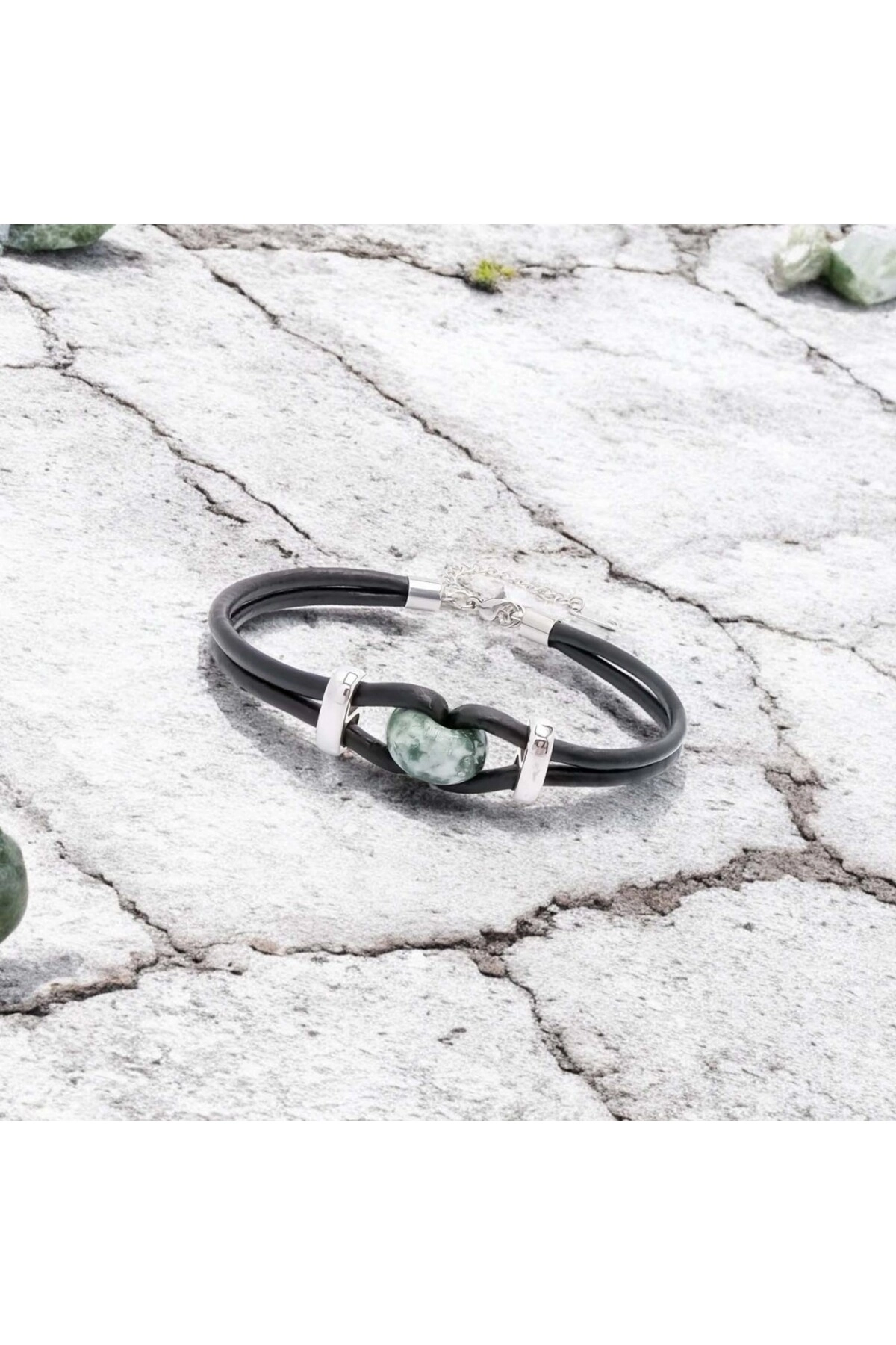 Yeşil Jasper Doğal Taşlı Deri Ve Çelik Bileklik-4