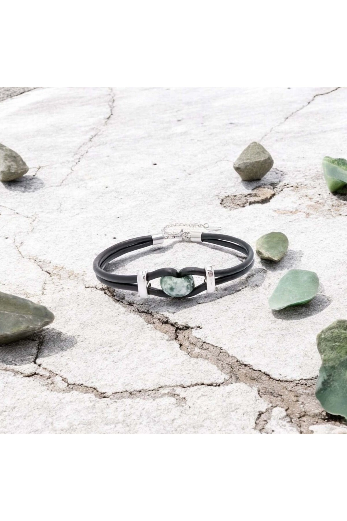 Yeşil Jasper Doğal Taşlı Deri Ve Çelik Bileklik-6