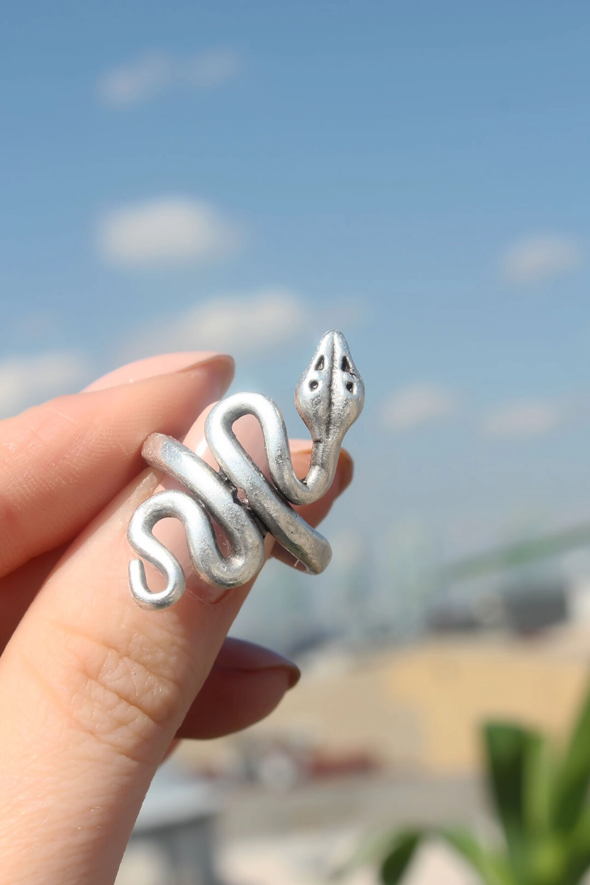 Yılan Figürlü Metal Ayarlamalı Antik Yüzük-0