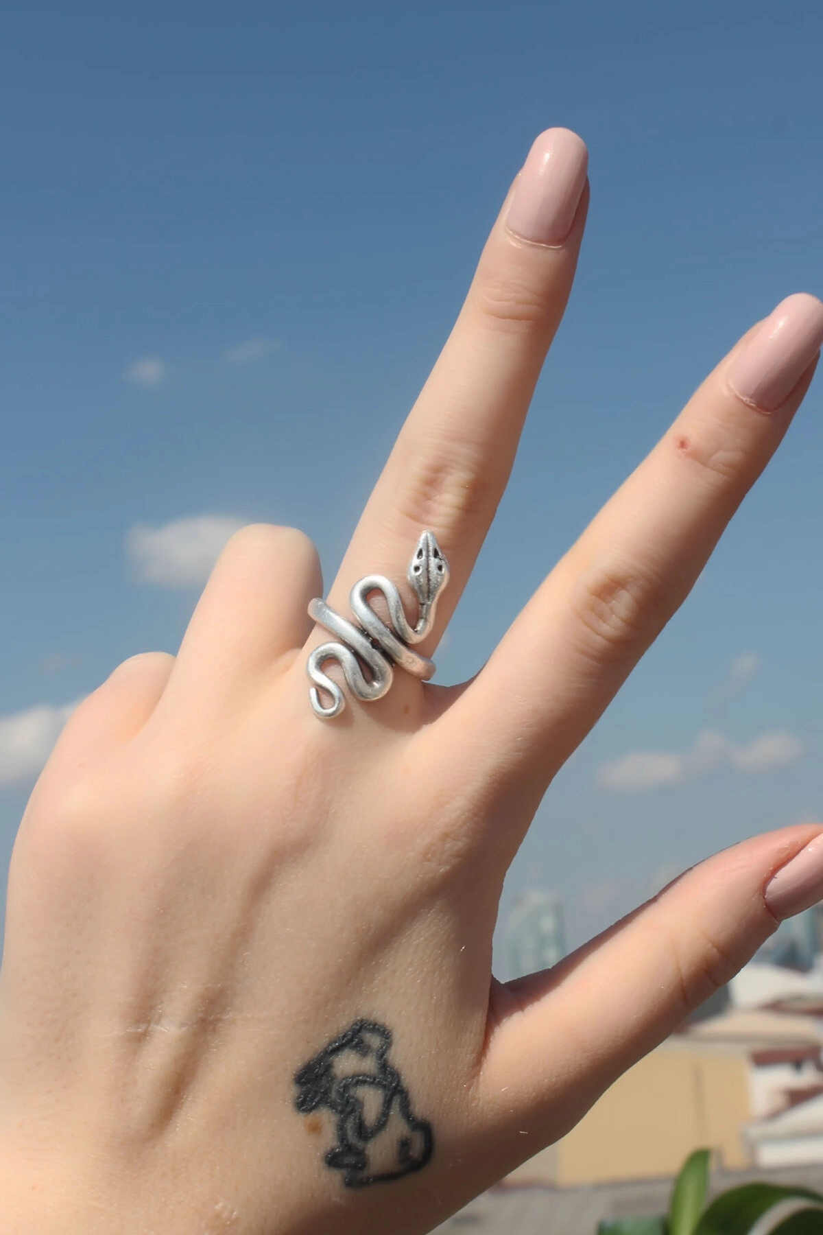 Yılan Figürlü Metal Ayarlamalı Antik Yüzük-1