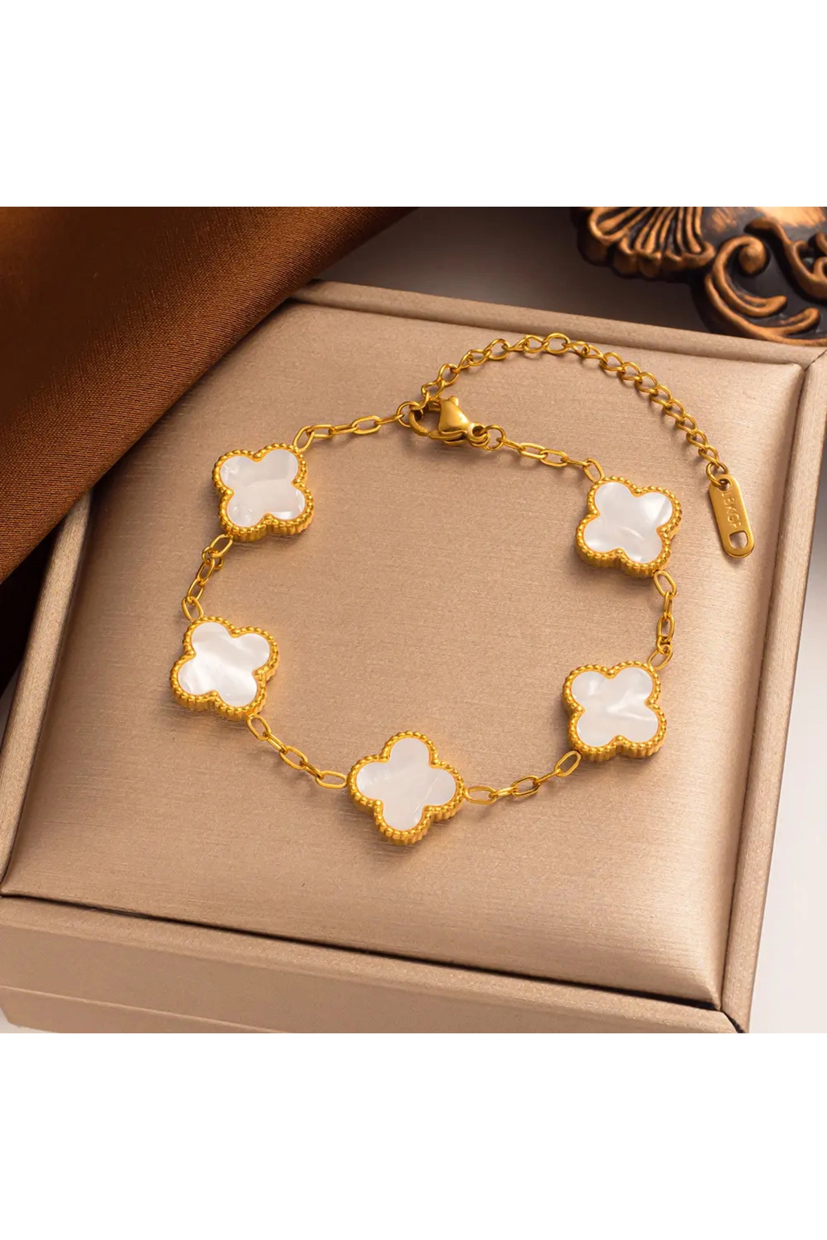 Yonca Bileklik  Gold Beyaz | 316l Çelik - Kararmaz | Hediye Kadın-0