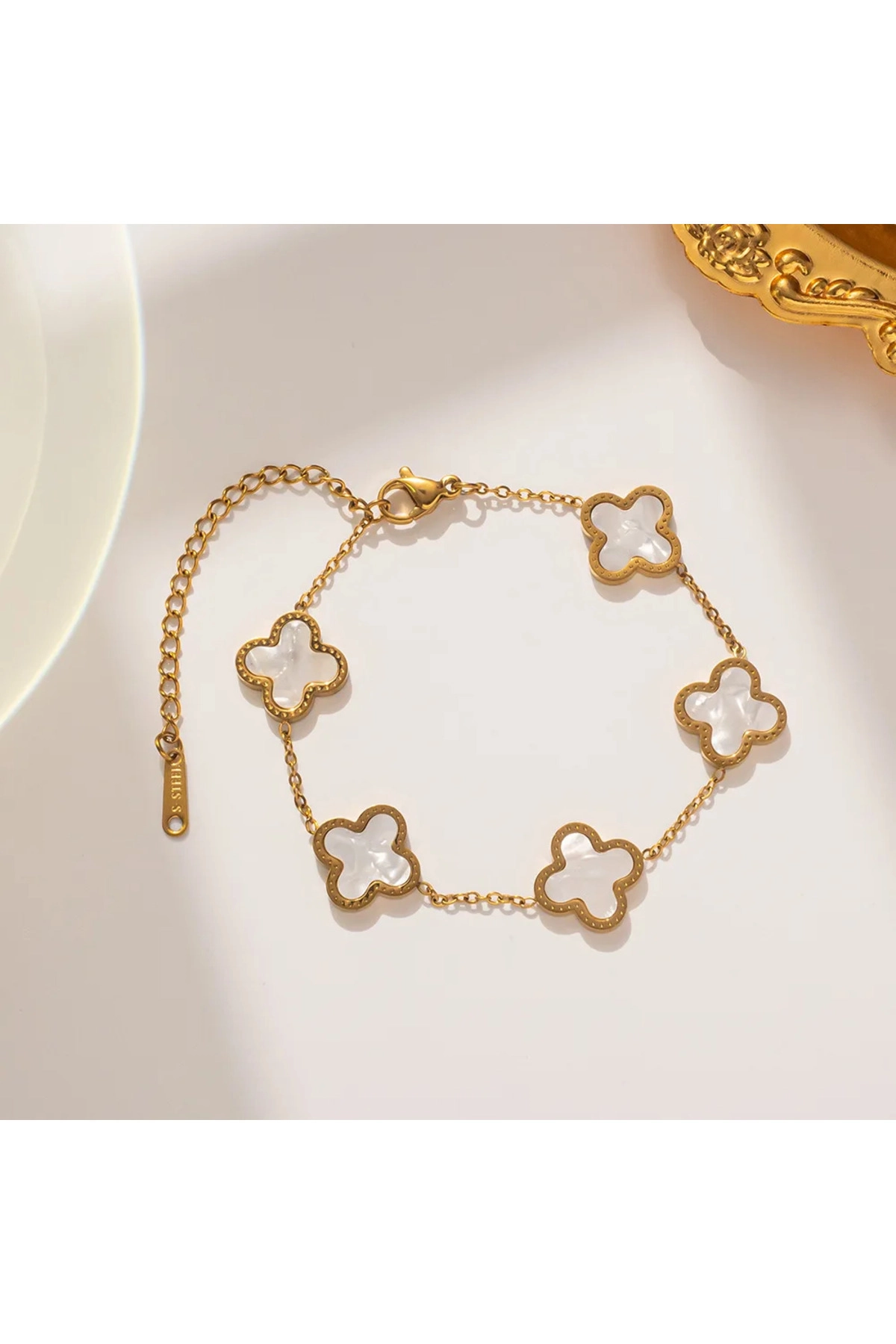 Yonca Bileklik  Gold Beyaz | 316l Çelik - Kararmaz | Hediye Kadın-2