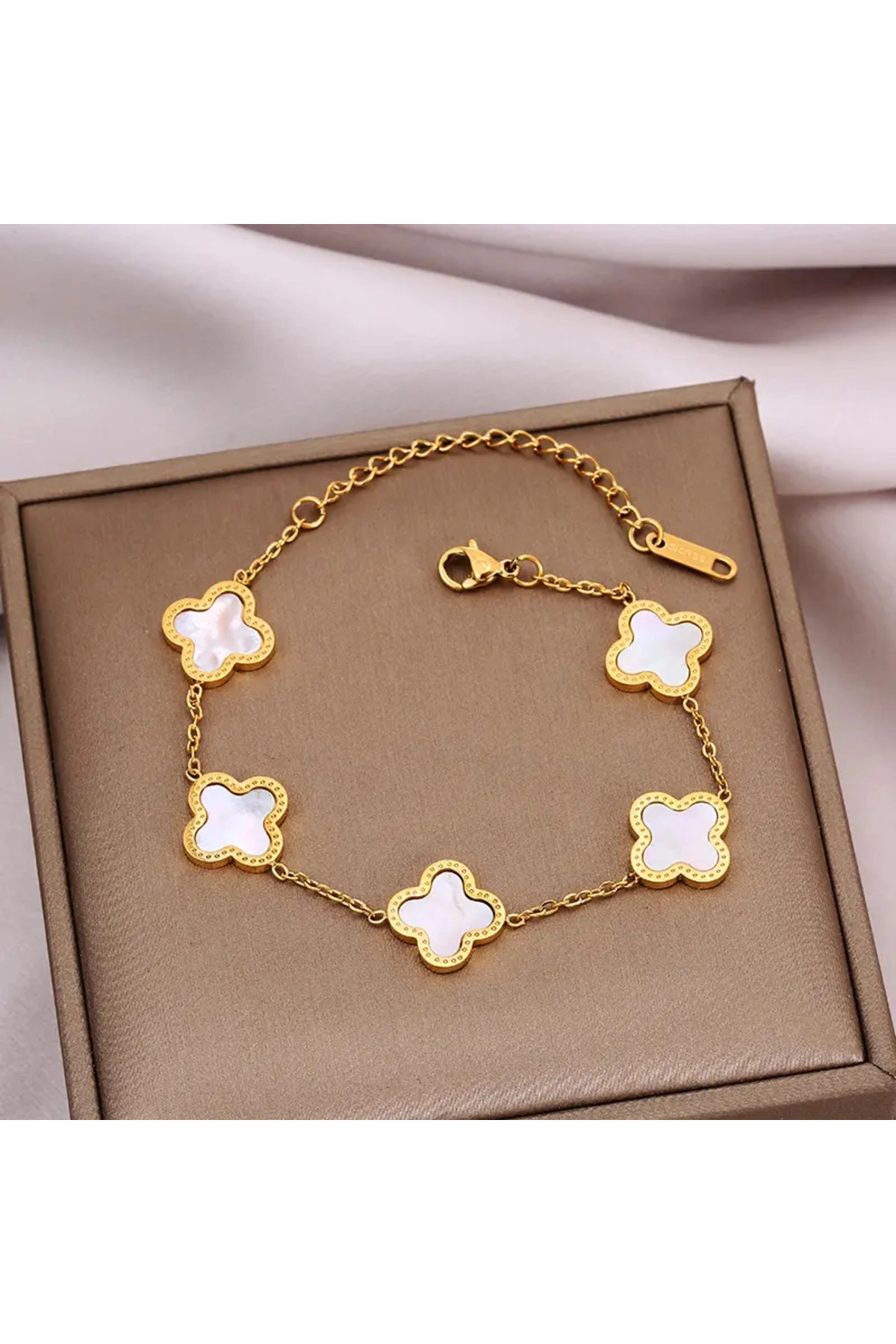 Yonca Bileklik  Gold Beyaz | 316l Çelik - Kararmaz | Hediye Kadın-4