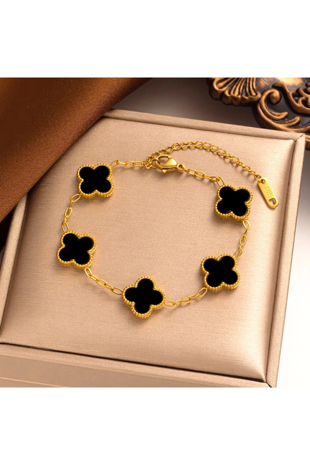 Yonca Bileklik Gold Siyah | 316l Çelik - Kararmaz | Hediye Kadın-0