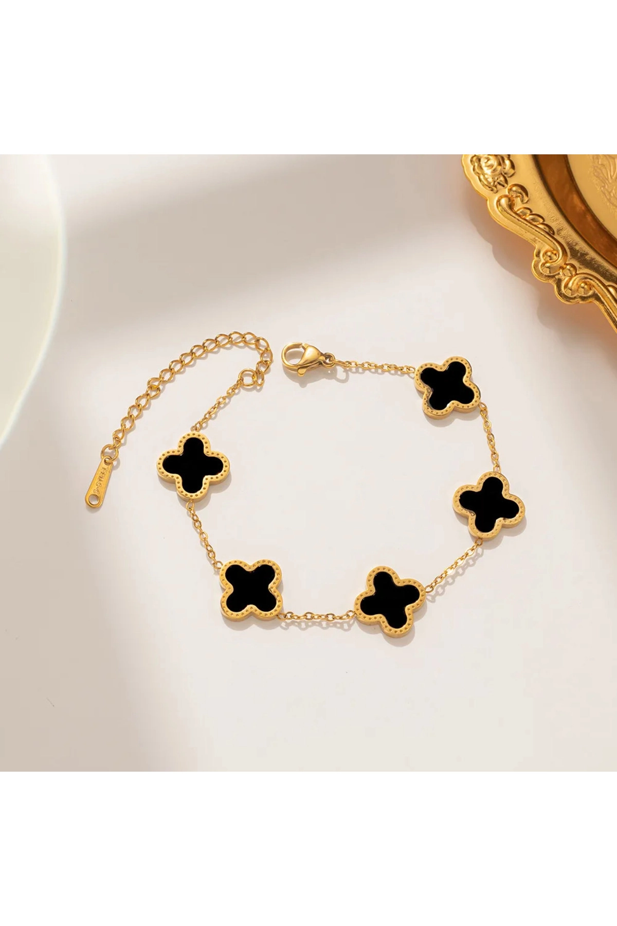 Yonca Bileklik Gold Siyah | 316l Çelik - Kararmaz | Hediye Kadın-2