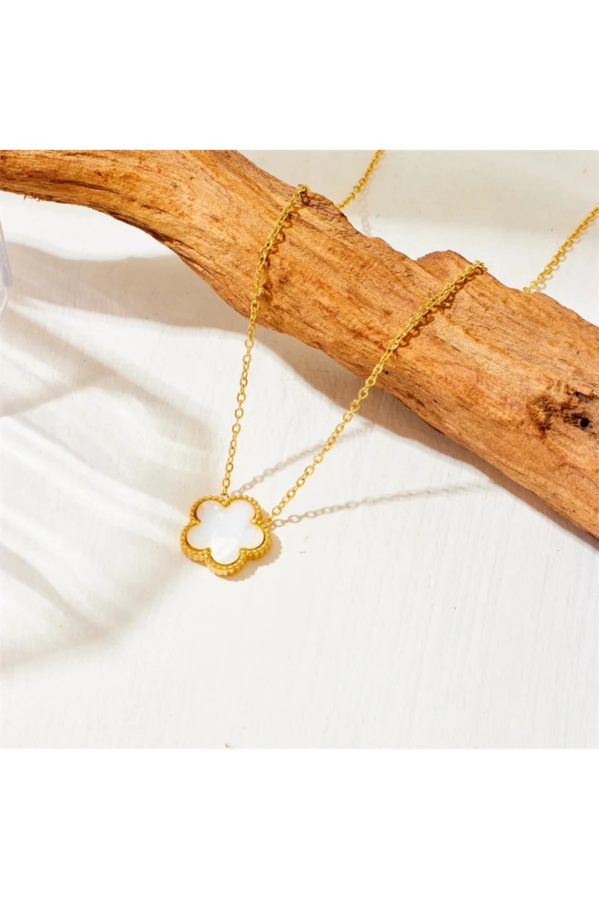 Yonca Kolye Gold Beyaz | 316l Çelik - Kararmaz | Hediye Kadın-0
