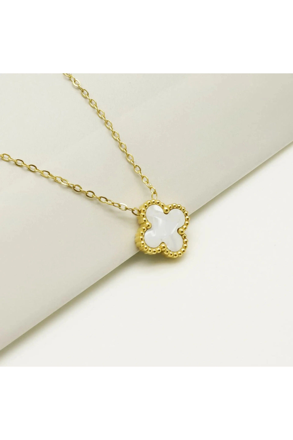 Yonca Kolye Gold Beyaz | 316l Çelik - Kararmaz | Hediye Kadın-3