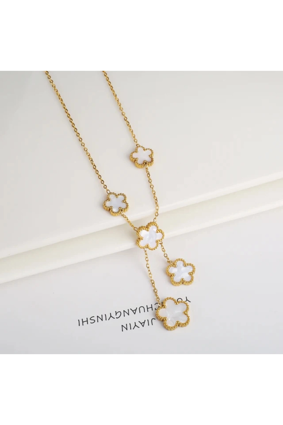 Yonca Kolye Gold Beyaz 5 Li | 316l Çelik - Kararmaz | Hediye Kadın-0