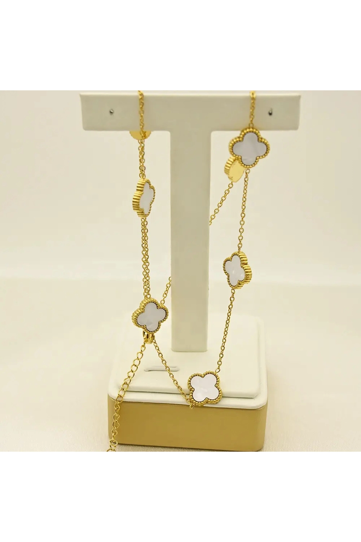Yonca Kolye Gold Beyaz 5 Li | 316l Çelik - Kararmaz | Hediye Kadın-3
