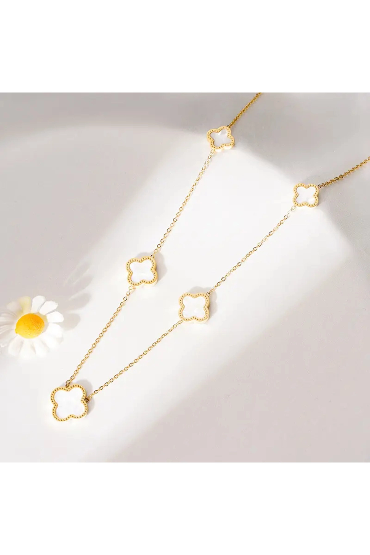 Yonca Kolye Gold Beyaz 5 Li | 316l Çelik - Kararmaz | Hediye Kadın-4