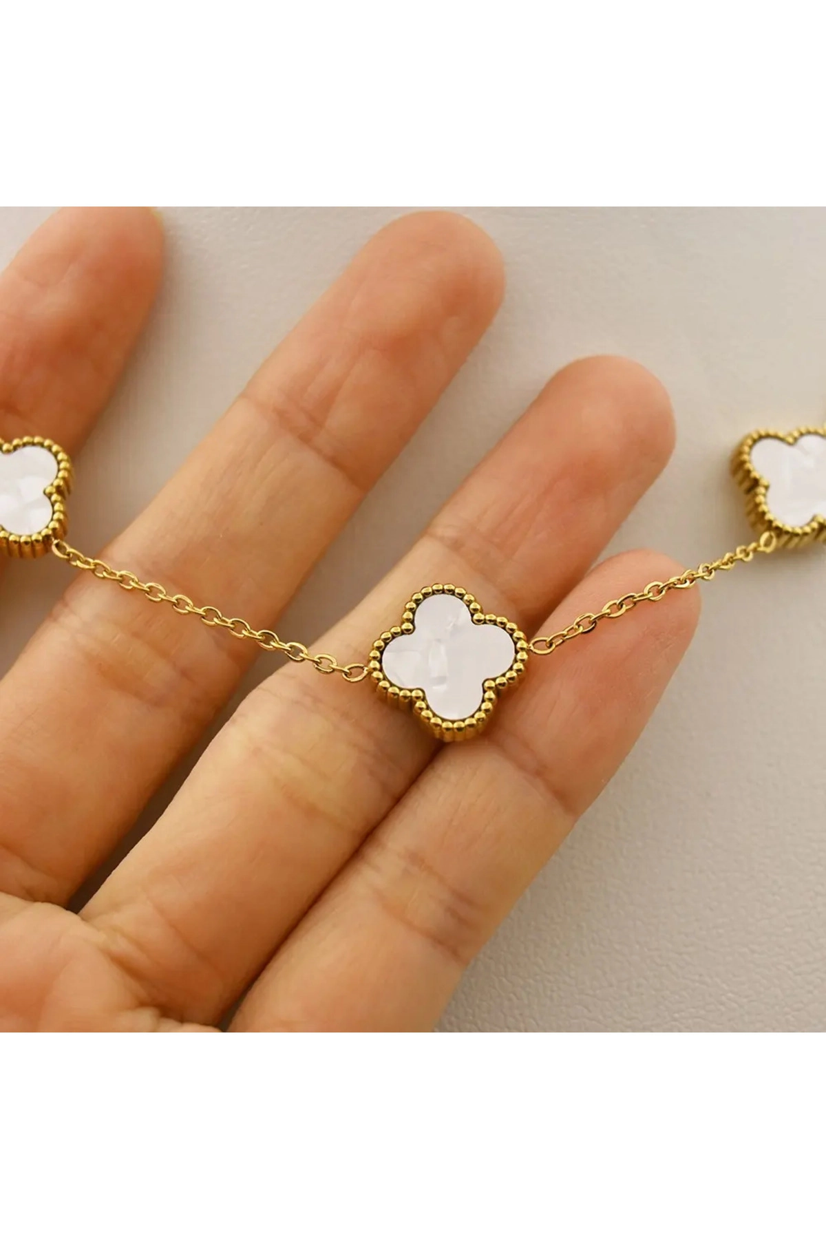 Yonca Kolye Gold Beyaz 5 Li | 316l Çelik - Kararmaz | Hediye Kadın-5