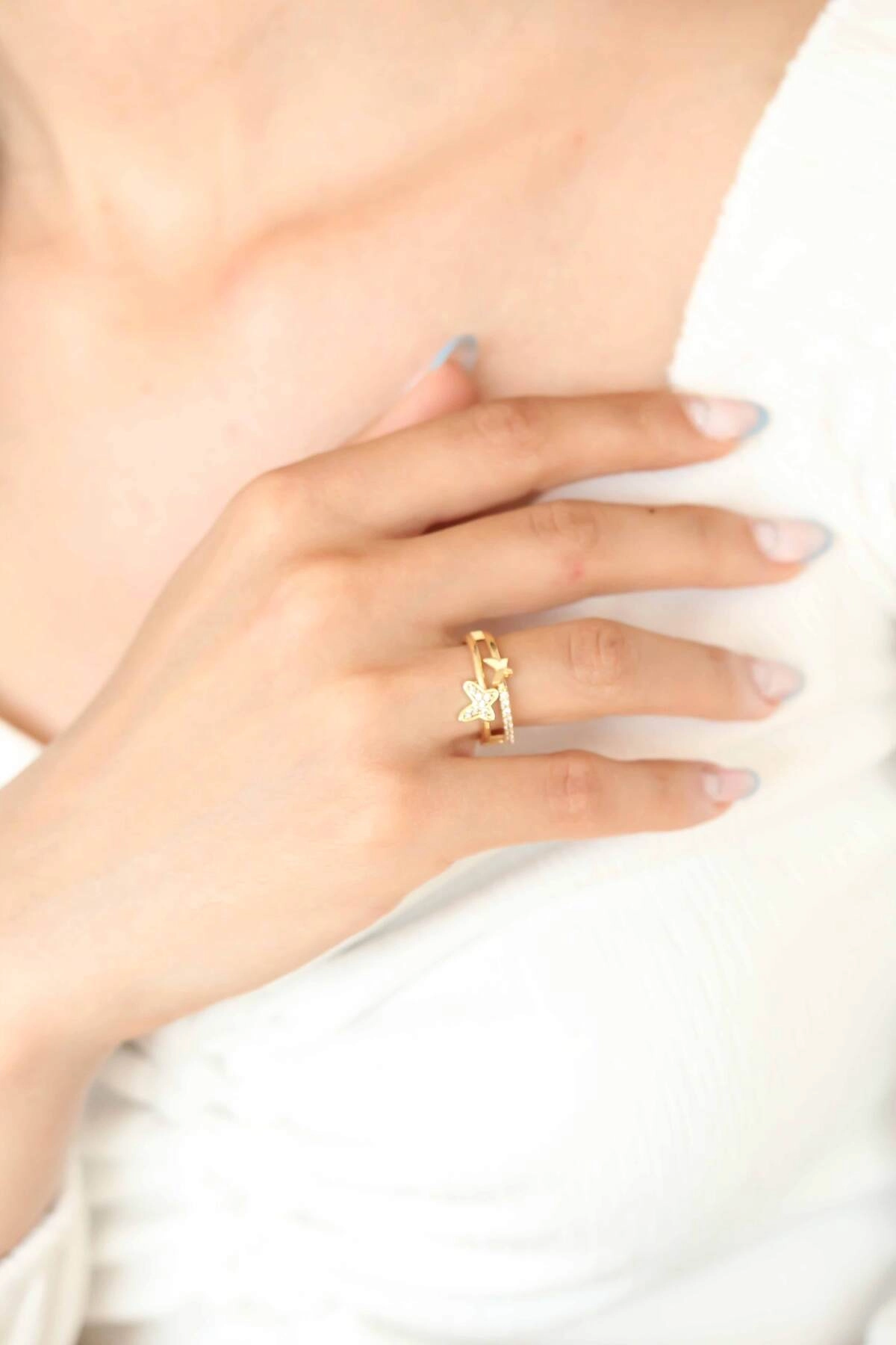 Zirkon Taşlı Altın Kaplama Kelebek Kadın Yüzük-1