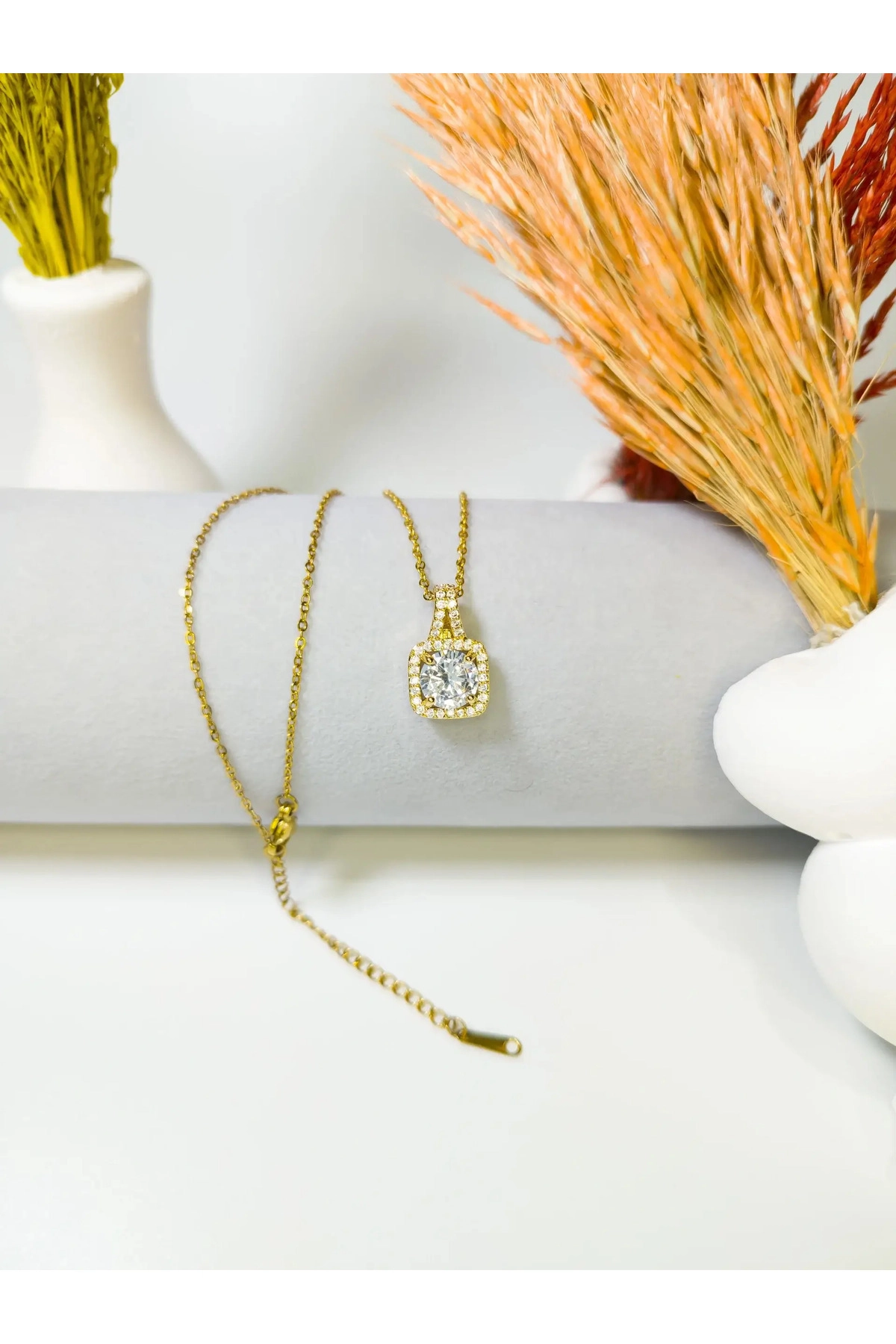 Zirkon Taşlı Baget Kolye Gold | 316l Çelik - Kararmaz | Hediye Kadın-3