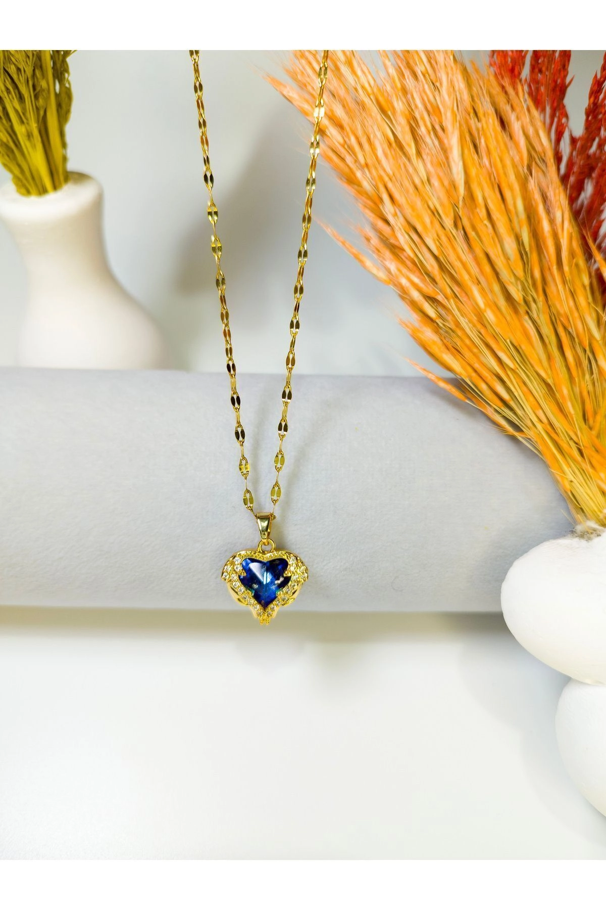 Zirkon Taşlı Kalp Kolye Mavi | 316l Çelik - Kararmaz | Hediye Kadın-3