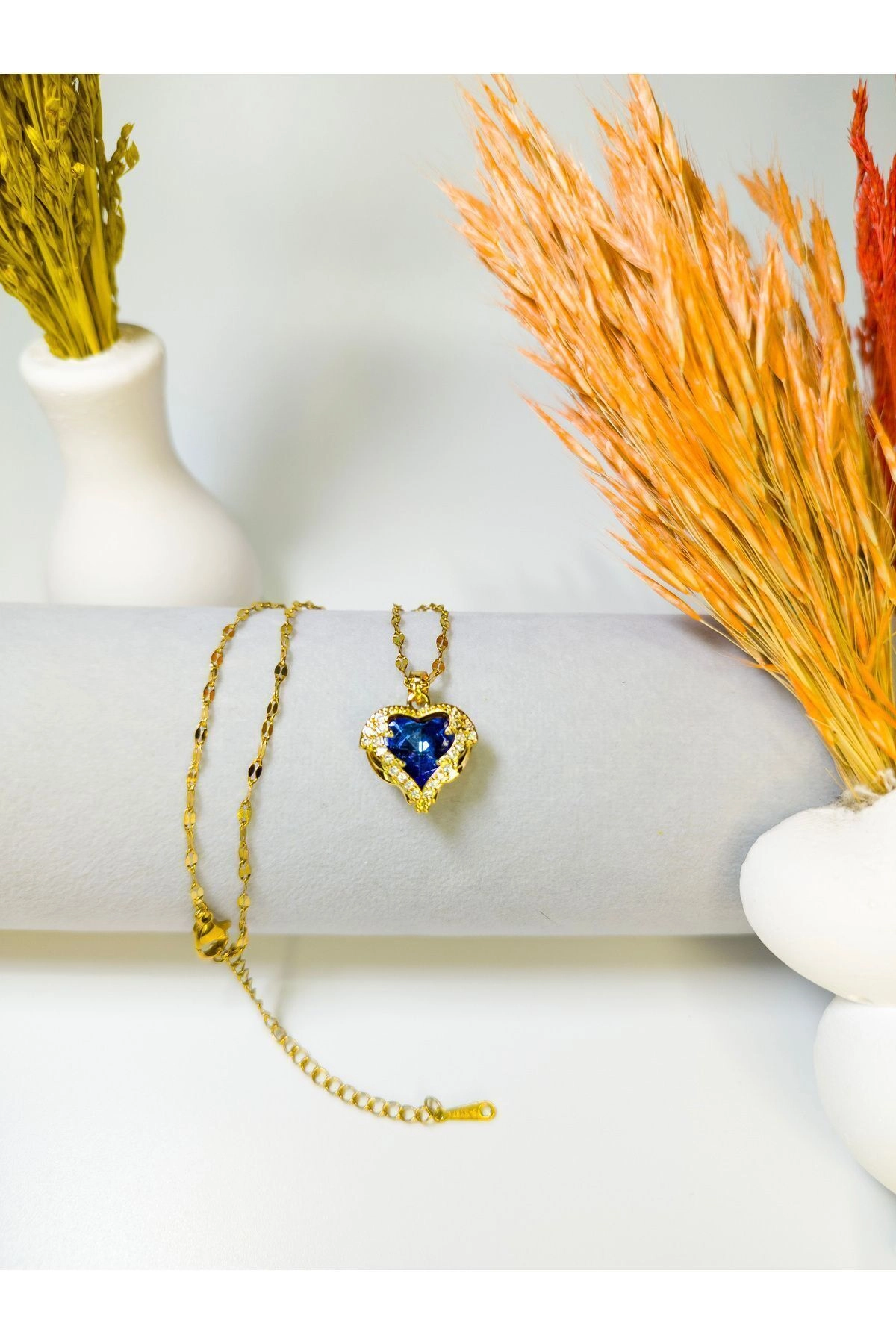 Zirkon Taşlı Kalp Kolye Mavi | 316l Çelik - Kararmaz | Hediye Kadın-4