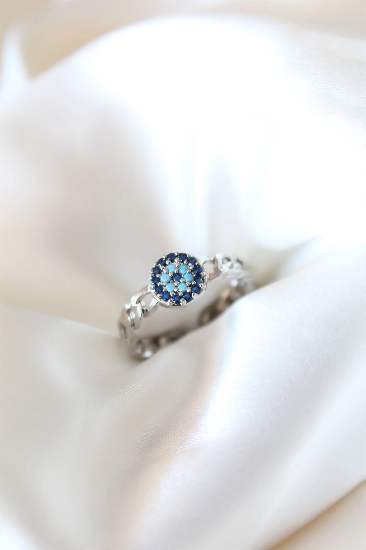 Zirkon Taşlı Nazarlı Gümüş Kaplama Kadın Yüzük-0